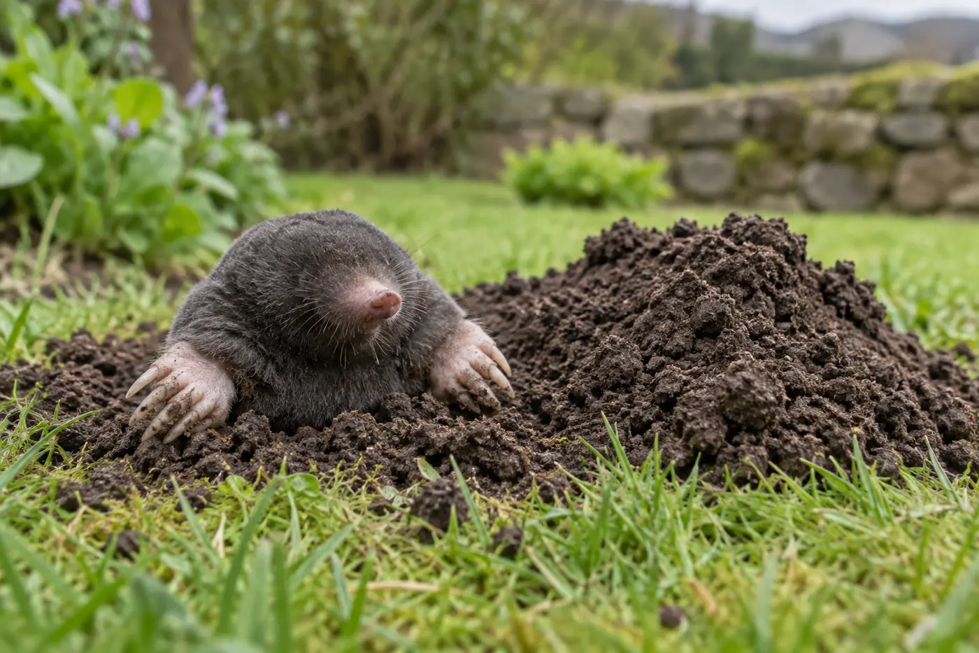 European mole beside a fresh molehill in a garden