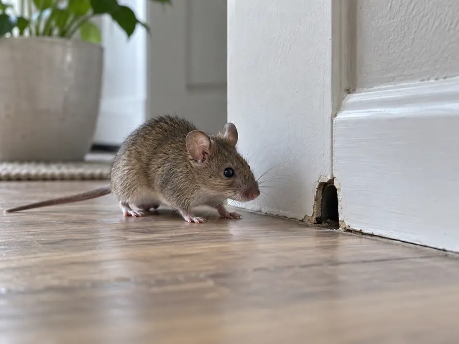 House mouse beside an entry gap at a skirting board