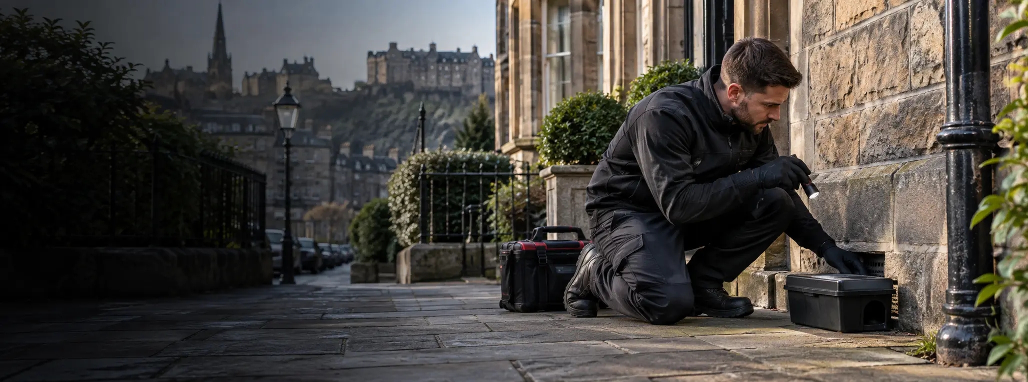 Professional pest control technician carrying out a rodent inspection at an Edinburgh property