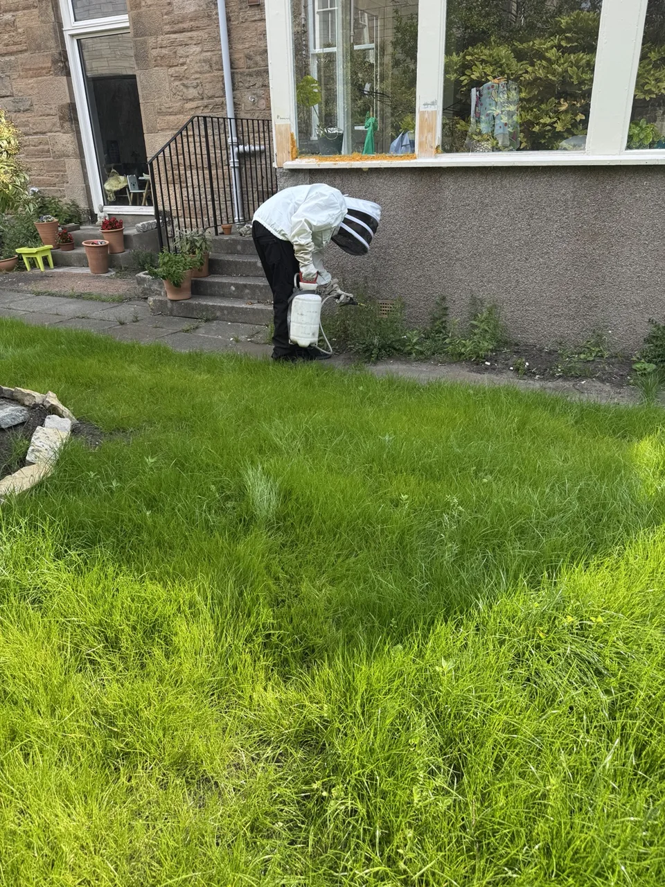 Technician in protective clothing carrying out pest treatment beside an exterior wall