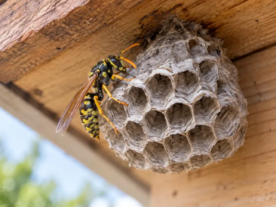 Common wasp on a paper nest beneath timber eaves
